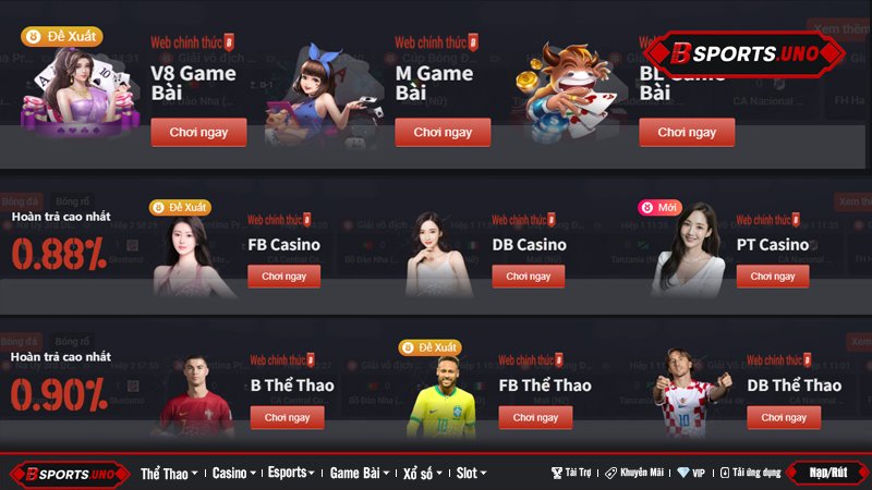 Giao diện app Bsports với các danh mục game bài, casino, thể thao