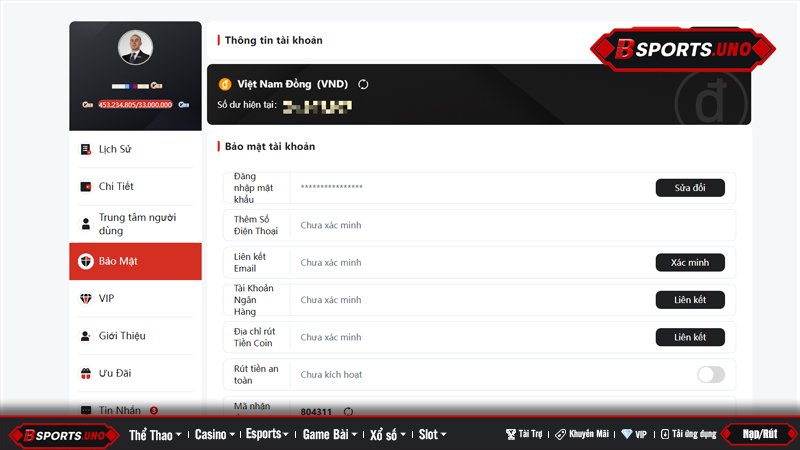 Giao diện trang bảo mật và xác minh thông tin tài khoản Bsports
