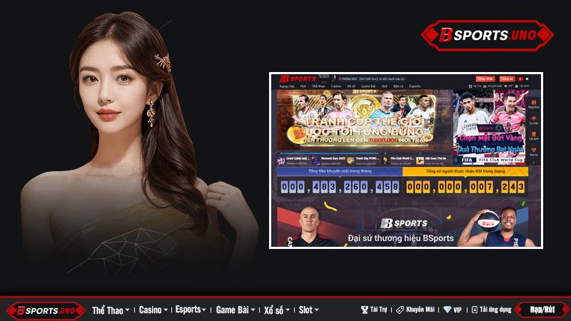 Người mẫu đại diện bên cạnh giao diện chính của website Bsports