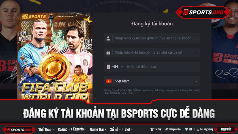 Giao diện đăng ký tài khoản Bsports với hình ảnh Messi và Haaland