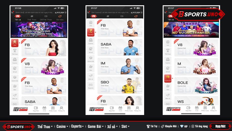 Giao diện người dùng app Bsports trên điện thoại với nhiều lựa chọn tại nhà cái Bsports
