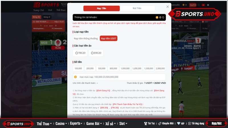 Nạp tiền Bsports qua USDT, TRC20, ERC20