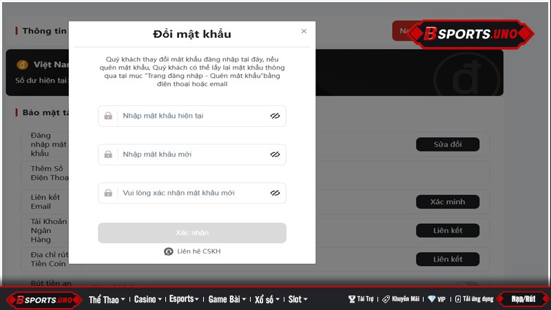 Giao diện đổi mật khẩu tài khoản Bsports trong phần bảo mật