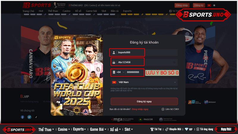 Mẫu đăng ký tài khoản Bsports trên nền tảng web máy tính